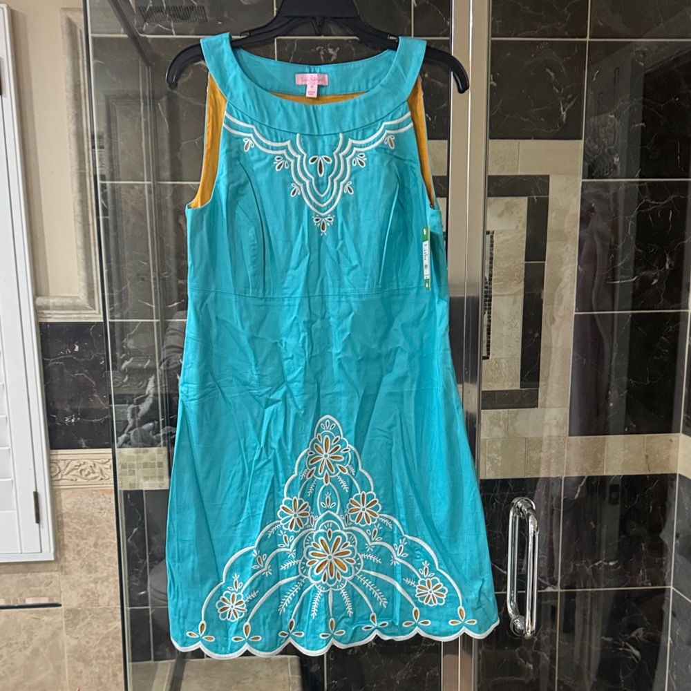 Lilly Pulitzer Turquoise & Mustard Sleeveless Embroidered Midi Dress